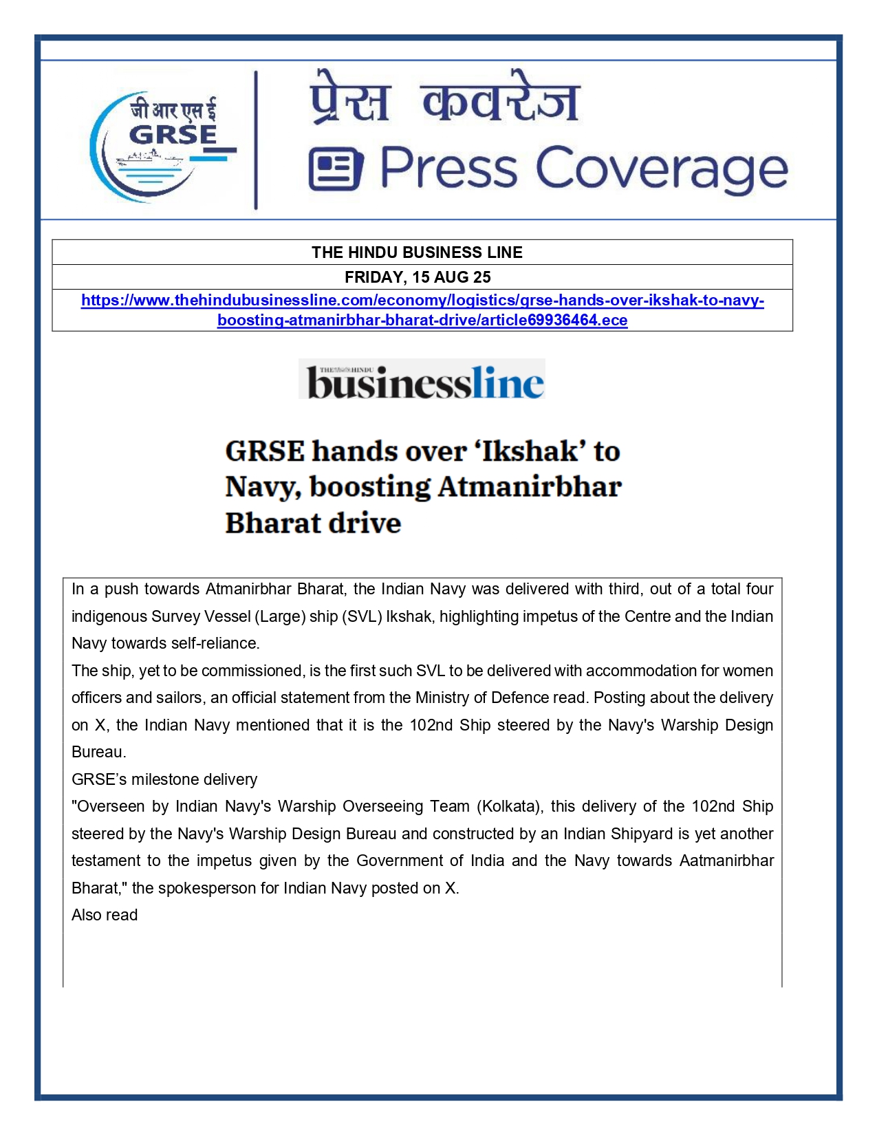 Press Coverage : 15 Aug 25:Navy takes delivery of Third Survey Vessel 'Ikshak' from GRSE